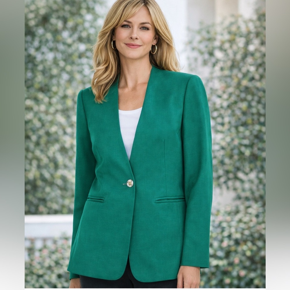 Worthington Emerald Green Petite Blazer 4P Collarless Work Office Career Jacket - Picture 8 of 8